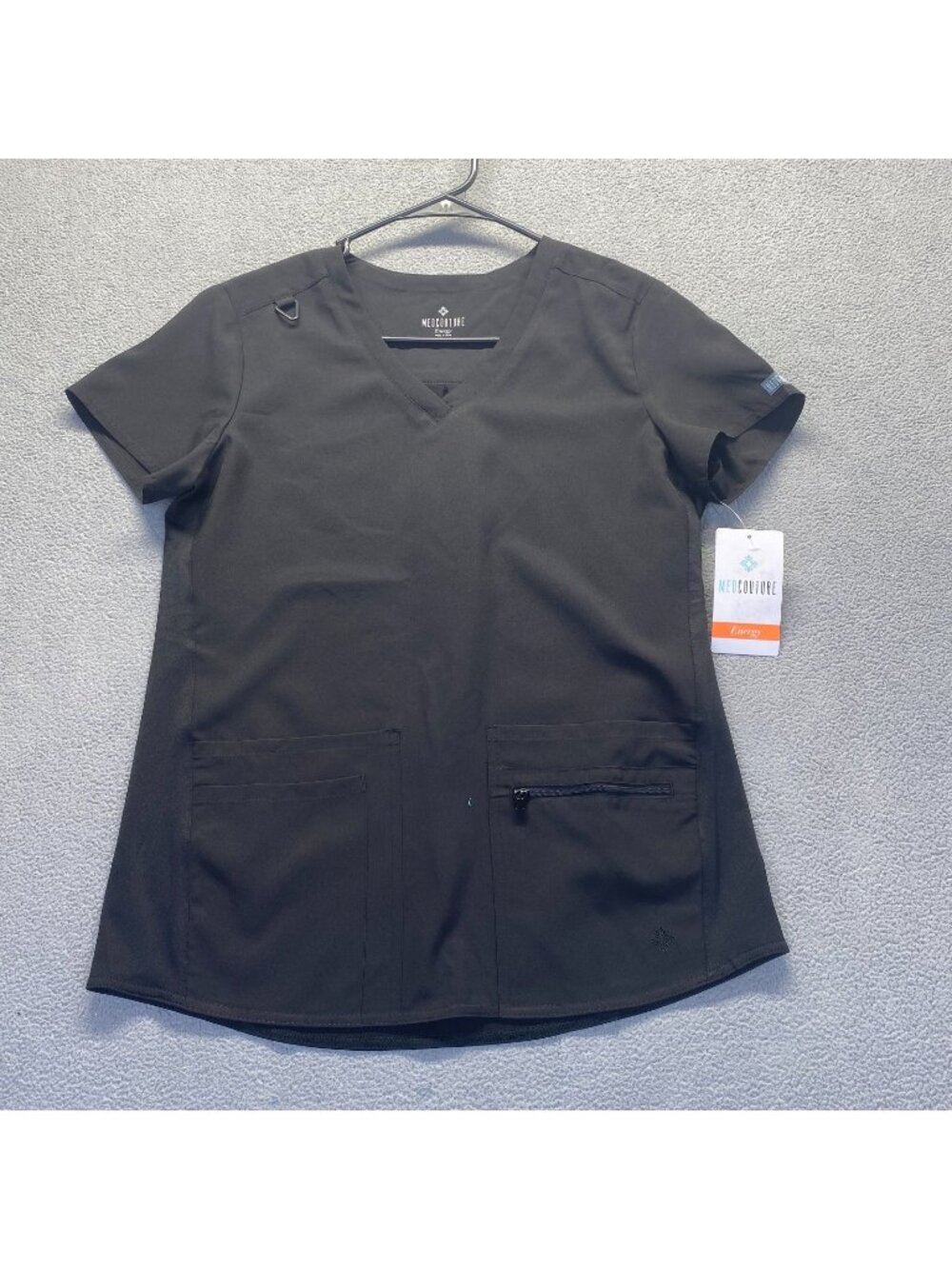 New with Tags Med Couture Women's Energy Knit Back Solid Scrub Top 8478 Black L